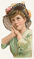 Actress holding hands beneath chin, from Stars of the Stage, Fourth Series (N132) issued by Duke Sons & Co. to promote Honest Long Cut Tobacco, W. Duke, Sons & Co.  American, Commercial color lithograph