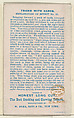 Number 5, The Restored Card, from the Tricks with Cards series (N138) issued by W. Duke, Sons & Co. to promote Honest Long Cut Tobacco, Issued by W. Duke, Sons &amp; Co. (New York and Durham, N.C.), Commercial color lithograph