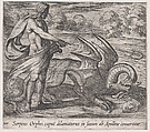 Plate 100: Apollo Killing the Serpent Attacking Opheus's Head (Serpens Orphei caput dilaniaturus in saxum ab Apolline convertitur), from Ovid's 'Metamorphoses', Antonio Tempesta Italian, Etching