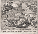 Plate 111: Aesacus and Hespeia (Aesacus Eperies mortem dolens ex scopulo se praecipitans abit in mergum), from Ovid's 'Metamorphoses', Antonio Tempesta Italian, Etching