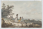View of London with St. Paul’s in the distance: woman and children with a baby carriage, Julius Caesar Ibbetson  British, Watercolor, pen and ink