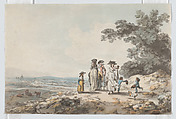 View of London with St. Paul’s in the distance: a family pausing on a road, Julius Caesar Ibbetson  British, Watercolor, pen and ink