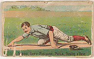 Wood, Left Fielder, Phila., Stealing a Base, from the Gold Coin series (N284) for Gold Coin Chewing Tobacco, D. Buchner & Co., New York  American, Commercial color lithograph reproducing drawing