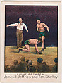 Fight between James J. Jeffries and Tom Sharkey, from the Champion Athlete and Prize Fighter series (T220), issued by Mecca and Tolstoi Cigarettes, Mecca Cigarettes, Commercial color lithograph