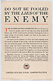 Do not be fooled by the lies of the enemy, United States Food Administration American, Commercial color lithograph