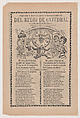 Broadsheet relating to the new clock installed in the cathedral in Mexico City in June 1905, José Guadalupe Posada Mexican, Zincograph and letterpress on tan paper