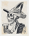 A skeleton wearing a hat having a drink (vignette for the feast of the dead), José Guadalupe Posada Mexican, Type-metal engraving