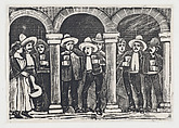 Musicians standing in an arcade having a drink, José Guadalupe Posada Mexican, Type-metal engraving