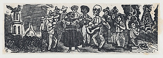 A man playing a guitar serenading a woman, figures surround, José Guadalupe Posada  Mexican, Type-metal engraving