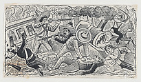 Emiliano Zapata's supporters attacking a train, scene from the Mexican Revolution, José Guadalupe Posada Mexican, Zincograph