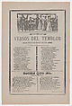 Broadsheet with songs relating to the earthquake that occurred on March 26, 1908, José Guadalupe Posada  Mexican, Type-metal engraving and letterpress on tan paper