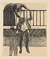 A woman discovering a man who has committed suicide by hanging himself from a balcony, José Guadalupe Posada  Mexican, Type-metal engraving