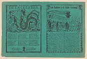 Front and back covers of a phamplet relating to the story 'The thieves and the National Valley' with illustration of Indigenous men and women being herded by men in military uniforms towards a train, on the verso 'Dance of the Snake' and a corrido, José Guadalupe Posada  Mexican, Zincograph and letterpress on green paper