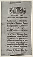 Facsimile of trade card verso, from the Famous Baseball Players, Champion Athletes, and Photo Play Stars, issued by Fatima Turkish Blend Cigarettes, Liggett & Myers Tobacco Company  American, Commercial photograph
