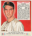 Larry Jansen, from the Red Man All-Star Team series (T232), issued by Red Man Chewing Tobacco, Red Man Chewing Tobacco American, Commercial color lithograph
