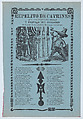 Broadsheet relating to womanizers who are standing on a corner looking up at a woman on a balcony, José Guadalupe Posada  Mexican, Type-metal engraving and letterpress on blue paper