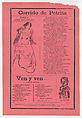Broadsheet with two different love songs, woman wearing an evening gown sitting on the edge of her seat and another woman holding a cup, José Guadalupe Posada  Mexican, Zincograph and letterpress on pink paper