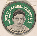 Crandall, New York Giants (green), from the Domino Discs series (PX7), issued by Kinney Brothers, Issued by Kinney Brothers Tobacco Company, Commercial color lithograph with metal trim