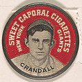 Crandall, New York Giants (red), from the Domino Discs series (PX7), issued by Kinney Brothers, Issued by Kinney Brothers Tobacco Company, Commercial color lithograph with metal trim