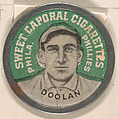 Doolan, Philadelphia Athletics (green), from the Domino Discs series (PX7), issued by Kinney Brothers, Issued by Kinney Brothers Tobacco Company, Commercial color lithograph with metal trim