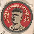 Drucke, New York Giants (red), from the Domino Discs series (PX7), issued by Kinney Brothers, Issued by Kinney Brothers Tobacco Company, Commercial color lithograph with metal trim