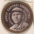 Mican, Washington Senators (black), from the Domino Discs series (PX7), issued by Kinney Brothers, Kinney Brothers Tobacco Company  American, Commercial color lithograph with metal trim