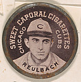 Reulbach, Chicago Cubs (black), from the Domino Discs series (PX7), issued by Kinney Brothers, Kinney Brothers Tobacco Company  American, Commercial color lithograph with metal trim