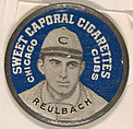 Reulbach, Chicago Cubs (blue), from the Domino Discs series (PX7), issued by Kinney Brothers, Kinney Brothers Tobacco Company  American, Commercial color lithograph with metal trim