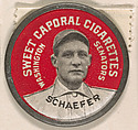 Schaefer, Washington Senators (red), from the Domino Discs series (PX7), issued by Kinney Brothers, Kinney Brothers Tobacco Company  American, Commercial color lithograph with metal trim