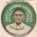 Schmidt, Detroit Tigers (green), from the Domino Discs series (PX7), issued by Kinney Brothers, Kinney Brothers Tobacco Company  American, Commercial color lithograph with metal trim