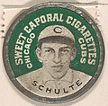 Schulte, Chicago Cubs (green), from the Domino Discs series (PX7), issued by Kinney Brothers, Kinney Brothers Tobacco Company  American, Commercial color lithograph with metal trim