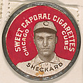 Sheckard, Chicago Cubs (red), from the Domino Discs series (PX7), issued by Kinney Brothers, Kinney Brothers Tobacco Company  American, Commercial color lithograph with metal trim