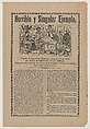 Broadsheet relating to the greed of Juan Pérez and his ill-gotten financial gains through dishonesty, abusing the poor, and swindling the church, a description in the bottom section continuing on verso, José Guadalupe Posada  Mexican, Zincograph and letterpress on tan paper