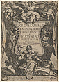 Frontispiece with a trumpeter sounding trumpets seated on top of a cartouche flanked by trophies, from 'The Twelve Caesars', Raffaello Schiaminossi Italian, Etching