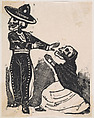A skeleton in a torero costume turning away from a kneeling skeleton in a shawl and dress, from the broadside "El gran panteón amoroso", José Guadalupe Posada Mexican, Type-metal engraving