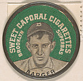 Barger, Brooklyn Superbas (green), from the Domino Discs series (PX7), issued by Kinney Brothers, Kinney Brothers Tobacco Company  American, Commercial color lithograph with metal trim
