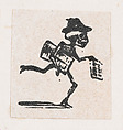 A skeleton wearing a hat, holding newspapers and running, José Guadalupe Posada Mexican, Zincograph