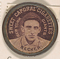 Becker, New York Gaints (black), from the Domino Discs series (PX7), issued by Kinney Brothers, Kinney Brothers Tobacco Company American, Commercial color lithograph with metal trim