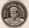 "Chief" Bender, Philadelphia Athletics (black), from the Domino Discs series (PX7), issued by Kinney Brothers, Kinney Brothers Tobacco Company  American, Commercial color lithograph with metal trim