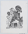 A skeleton picking crops in a field while carrying a baby skeleton on its back, José Guadalupe Posada  Mexican, Zincograph