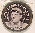 Cicotte, Boston Red Sox (black), from the Domino Discs series (PX7), issued by Kinney Brothers, Kinney Brothers Tobacco Company  American, Commercial color lithograph with metal trim