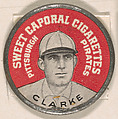 Clarke, Pittsburgh Pirates (red), from the Domino Discs series (PX7), issued by Kinney Brothers, Kinney Brothers Tobacco Company American, Commercial color lithograph with metal trim