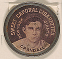 Crandall, New York Giants (green), from the Domino Discs series (PX7), issued by Kinney Brothers, Kinney Brothers Tobacco Company American, Commercial color lithograph with metal trim