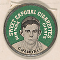 Crandall, New York Giants (green), from the Domino Discs series (PX7), issued by Kinney Brothers, Issued by Kinney Brothers Tobacco Company, Commercial color lithograph with metal trim