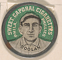 Doolan, Philadelphia Athletics (green), from the Domino Discs series (PX7), issued by Kinney Brothers, Issued by Kinney Brothers Tobacco Company, Commercial color lithograph with metal trim