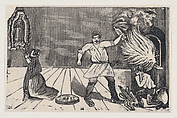 Woman praying to the Virgin of Guadalupe as her husband rages, José Guadalupe Posada Mexican, Type-metal engraving