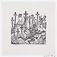 Demons running away from a woman on a deer riding through a field of crosses, José Guadalupe Posada  Mexican, Type-metal engraving