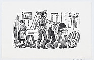 A man with a pitcher in his hand tapping the shoulder of another man resting on wooden beam, José Guadalupe Posada Mexican, Zincograph