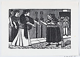 An old woman with a broom in her hand arguing with a younger woman from a broadside entitled 'El Pleito de Vecindad', José Guadalupe Posada Mexican, Type-metal engraving