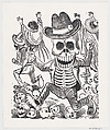 A skeleton holding a knife leaping over a pile of skulls, people flee in the background, from a broadside entitled 'Las bravisimas calaveras Guatemaltecas', José Guadalupe Posada  Mexican, Zincograph